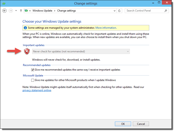 Setting Changed to Never install updates