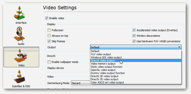 change output to directx video output